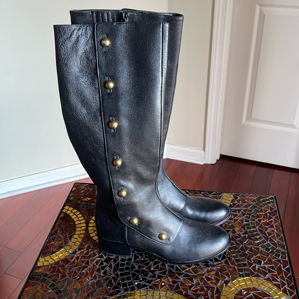 MK Leather Black Leather Gold ball calf high boots, Zipper  instead, 9M